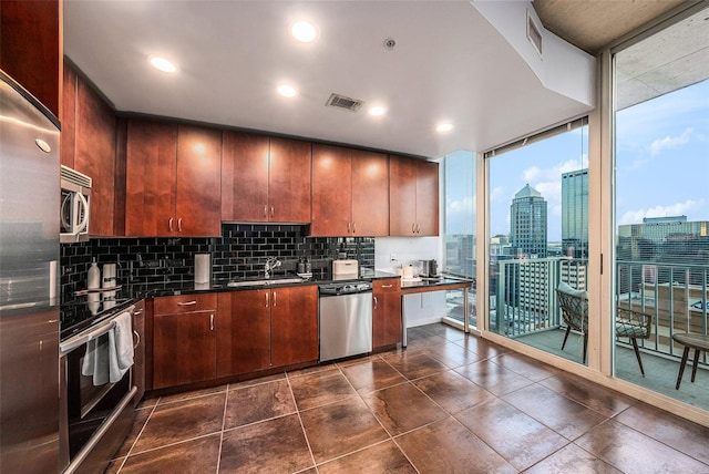 kitchen featuring decorative backsplash, sink, stainless steel appliances, and a wall of windows