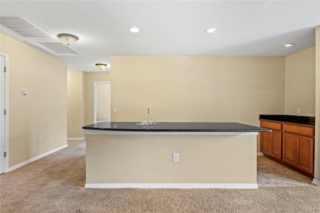 kitchen with sink, an island with sink, and light colored carpet