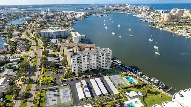 drone / aerial view featuring a water view