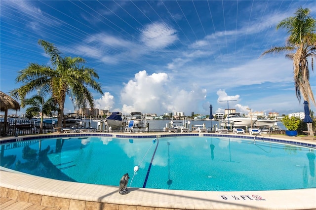 view of pool featuring a water view