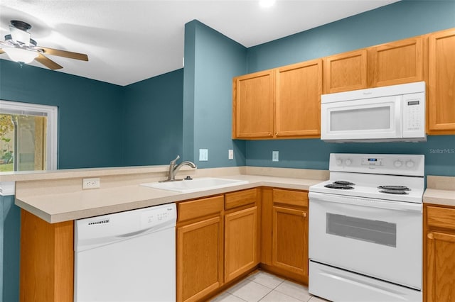 kitchen featuring ceiling fan, sink, kitchen peninsula, white appliances, and light tile patterned floors