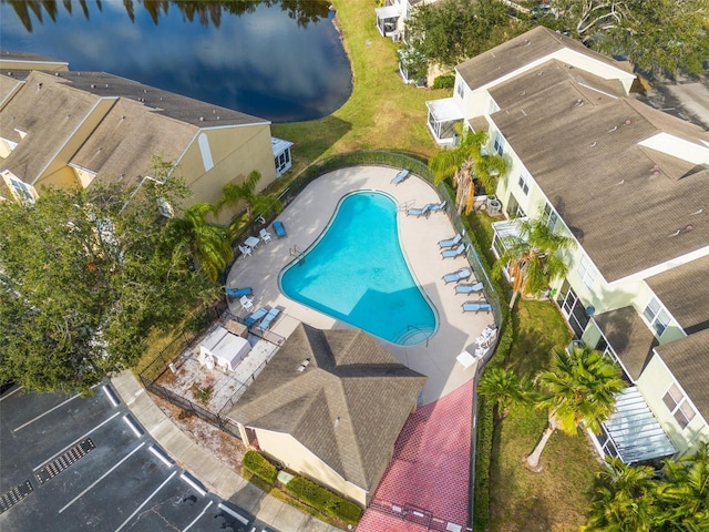 drone / aerial view featuring a water view