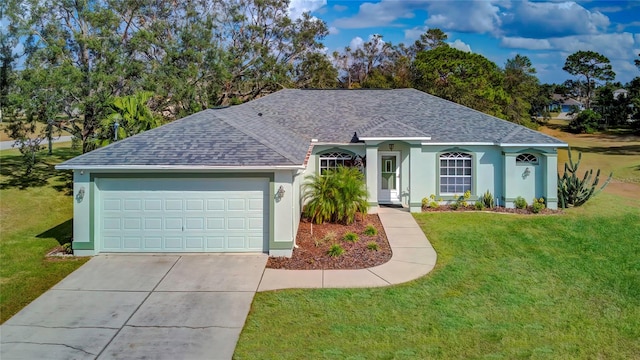 ranch-style house with concrete driveway, roof with shingles, a front yard, and stucco siding