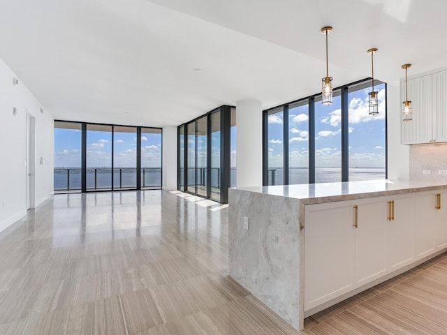 2912 W Santiago St Unit 2204, Tampa, FL 33629 - kitchen featuring floor to ceiling windows, open floor plan, white cabinets, light stone counters, and pendant lighting