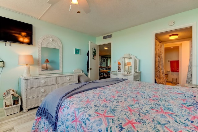 bedroom featuring ceiling fan and light hardwood / wood-style flooring