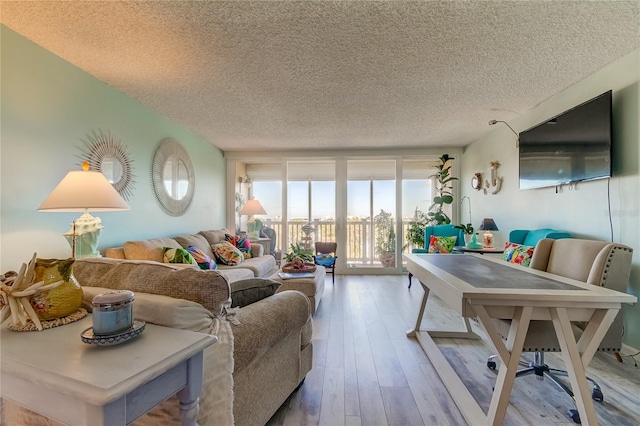 living room featuring a textured ceiling and hardwood / wood-style flooring