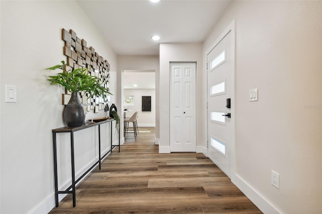 foyer with dark hardwood / wood-style floors