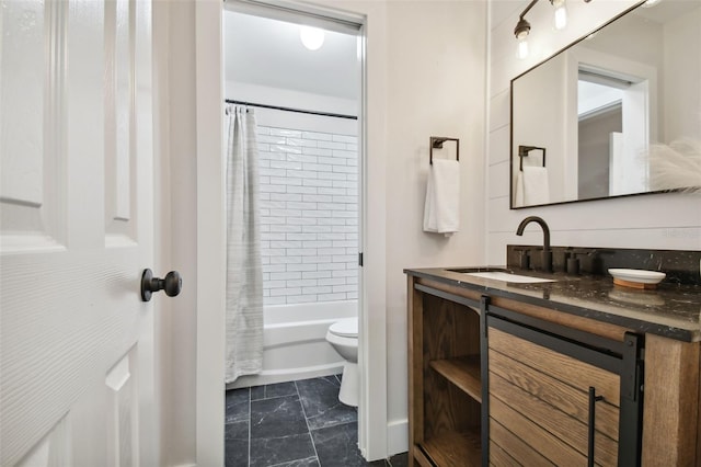 full bathroom featuring shower / tub combo, vanity, and toilet