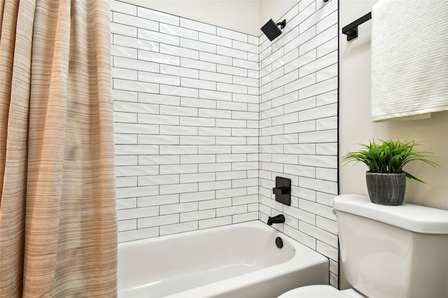 bathroom featuring shower / bathtub combination with curtain and toilet