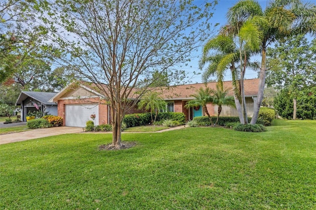 ranch-style house featuring a front yard and a garage