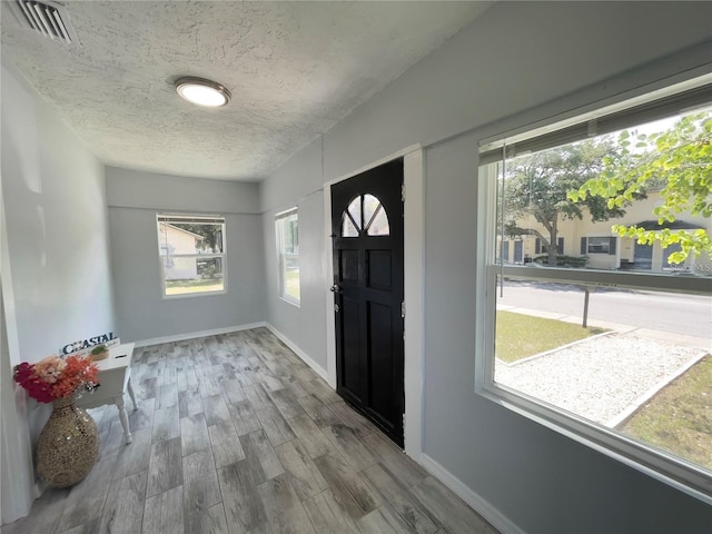 foyer featuring hardwood / wood-style floors and a textured ceiling