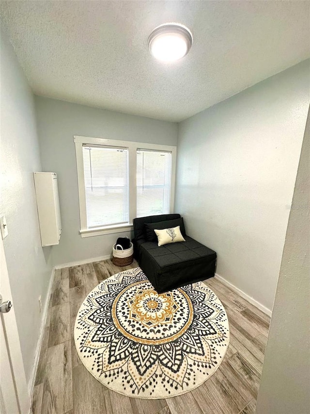 sitting room featuring light hardwood / wood-style floors and a textured ceiling