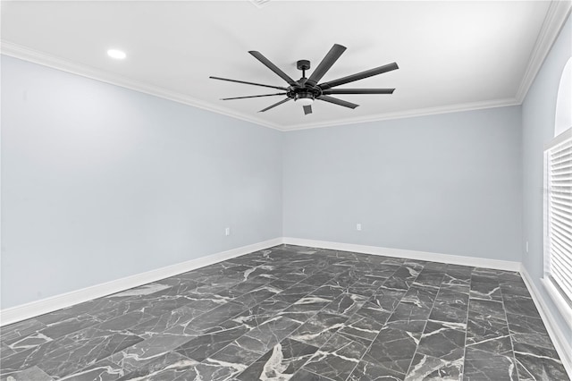 unfurnished room featuring crown molding and ceiling fan