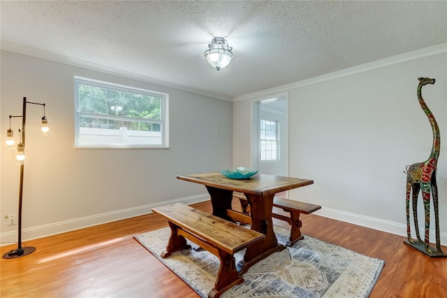 dining area featuring crown molding, wood-type flooring, and a textured ceiling