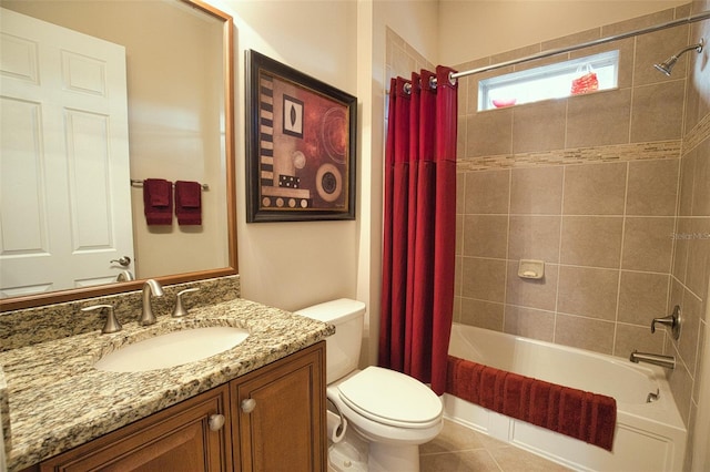 full bathroom with tile patterned flooring, vanity, shower / tub combo with curtain, and toilet