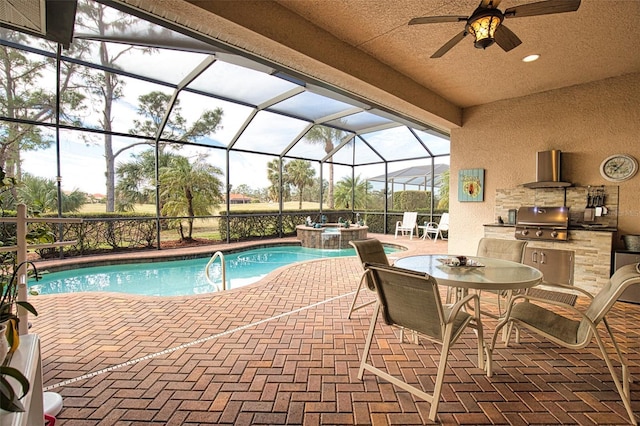 view of swimming pool featuring an in ground hot tub, area for grilling, grilling area, and a patio