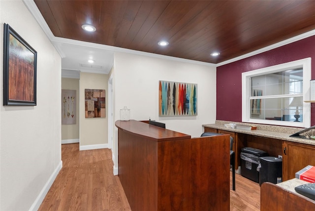 office area featuring wood ceiling, crown molding, and light hardwood / wood-style floors