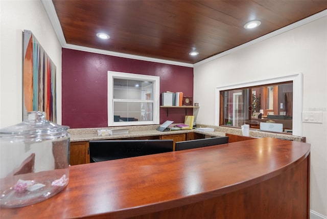 interior space with wooden ceiling and ornamental molding