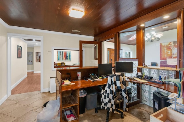 office area featuring light tile patterned flooring, built in desk, wooden ceiling, and an inviting chandelier