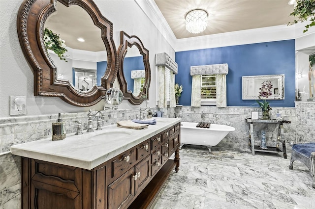 bathroom with ornamental molding, tile walls, and a tub