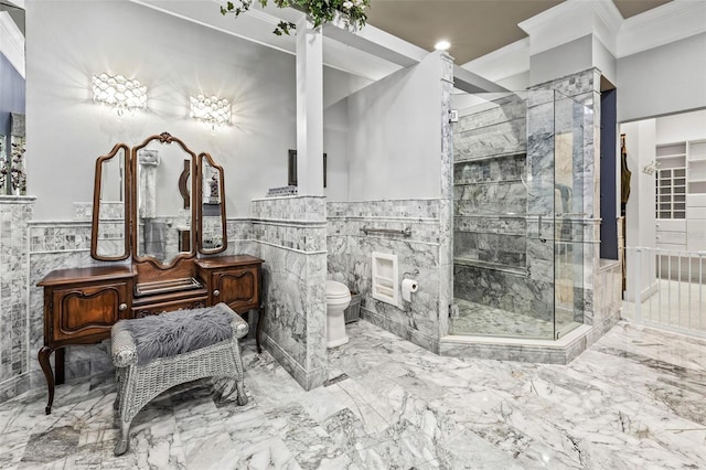 bathroom featuring toilet, ornamental molding, tile walls, and walk in shower