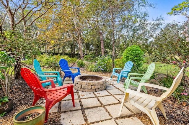 view of patio / terrace featuring a fire pit