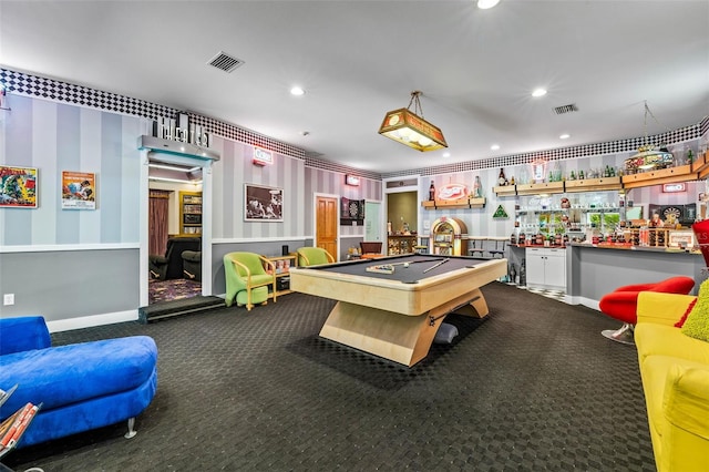 recreation room with carpet flooring, billiards, and indoor bar