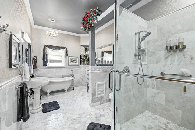 bathroom with toilet, crown molding, tile walls, independent shower and bath, and a notable chandelier