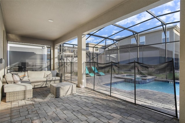 view of patio / terrace featuring outdoor lounge area, glass enclosure, and a pool with hot tub