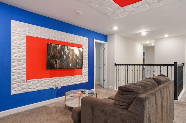 living area with light colored carpet