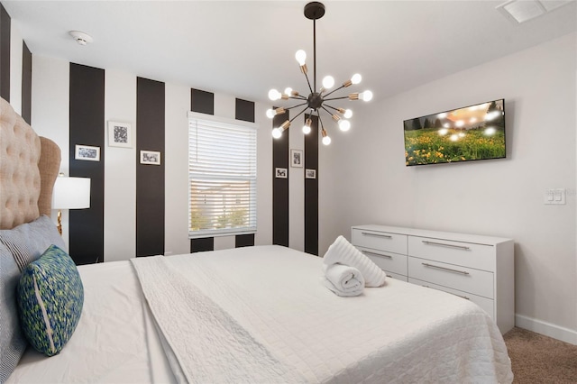 bedroom featuring light carpet and an inviting chandelier