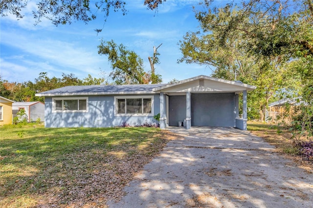 single story home featuring a front lawn and a carport