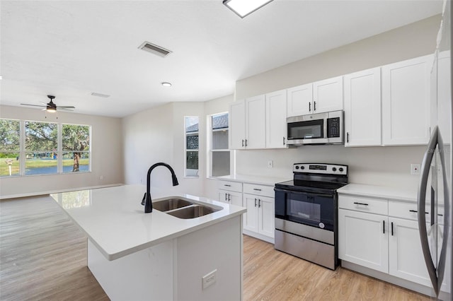 kitchen featuring sink, white cabinetry, a kitchen island with sink, and appliances with stainless steel finishes