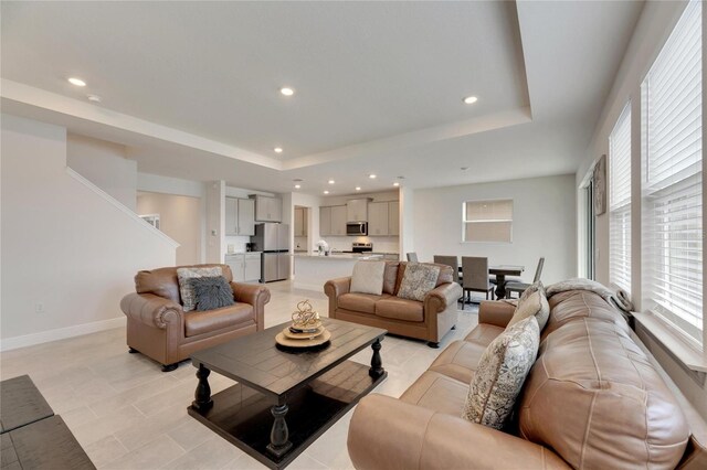 living room featuring a raised ceiling