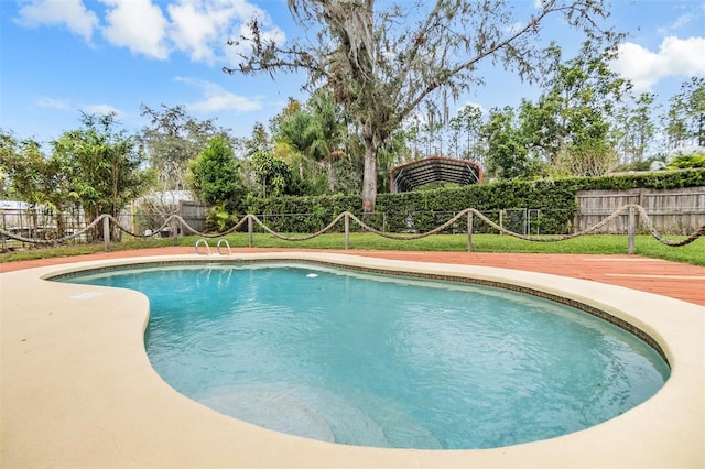 view of swimming pool featuring a lawn, a fenced backyard, and a fenced in pool