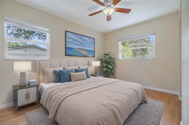 bedroom with ceiling fan and light wood-type flooring