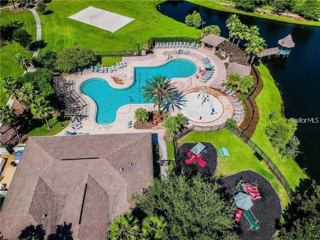 aerial view with a water view