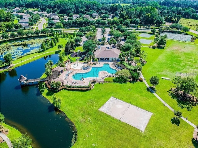 drone / aerial view featuring a water view