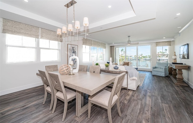 dining area featuring dark wood-type flooring and ceiling fan with notable chandelier