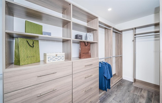 walk in closet with wood-type flooring