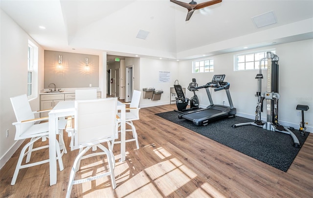 workout area featuring light wood-type flooring and sink