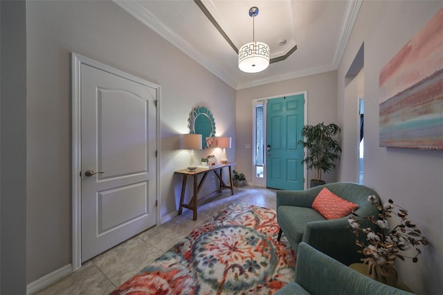 entrance foyer featuring light tile patterned flooring and ornamental molding