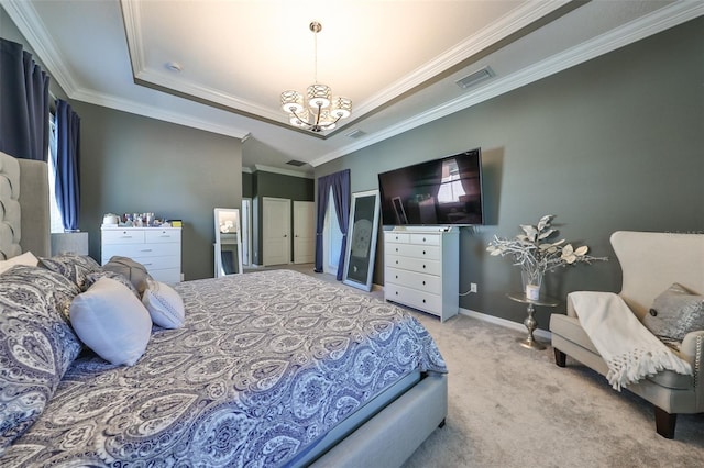 bedroom featuring a tray ceiling, crown molding, light colored carpet, and an inviting chandelier