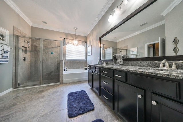 bathroom featuring tile patterned flooring, vanity, and ornamental molding