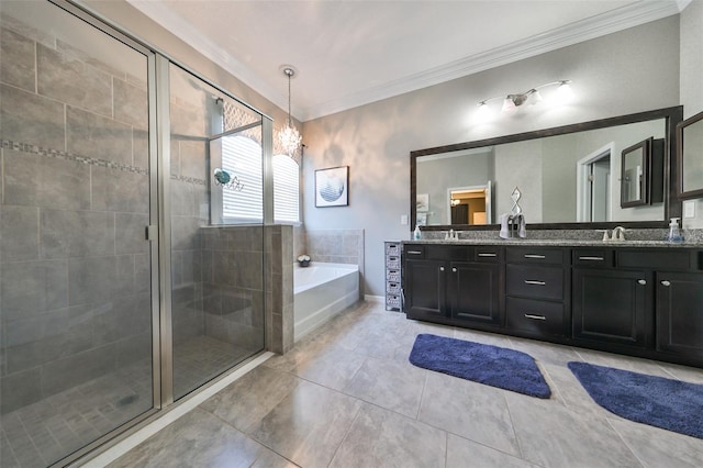 bathroom featuring plus walk in shower, vanity, and crown molding