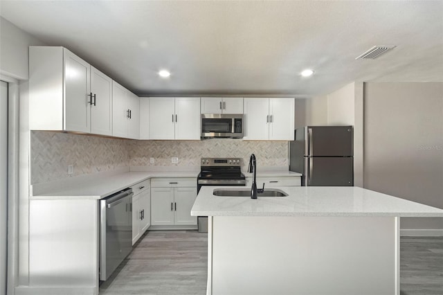 kitchen featuring appliances with stainless steel finishes, sink, white cabinets, backsplash, and a center island with sink