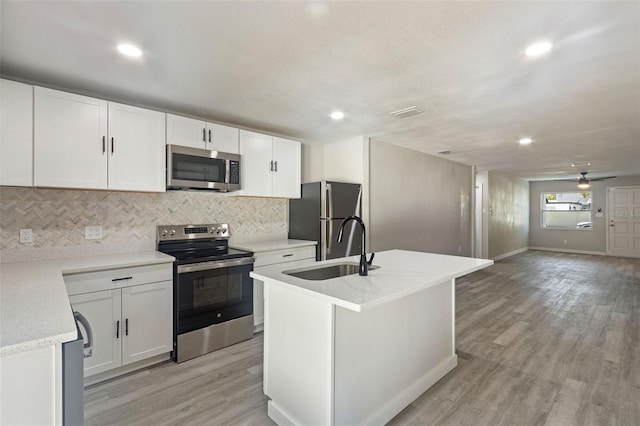 kitchen featuring a sink, tasteful backsplash, light wood-style floors, appliances with stainless steel finishes, and white cabinets