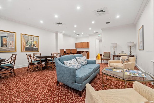 living room featuring carpet and ornamental molding