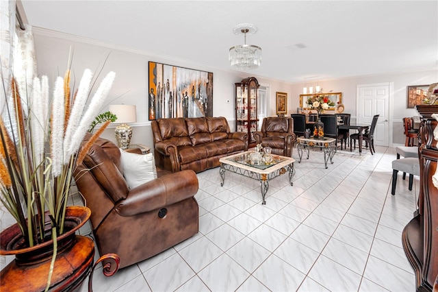 living room with light tile patterned flooring, ornamental molding, and a chandelier