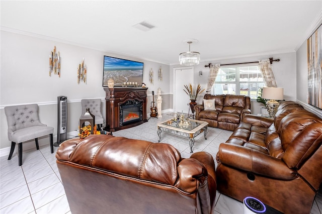 tiled living room with ornamental molding